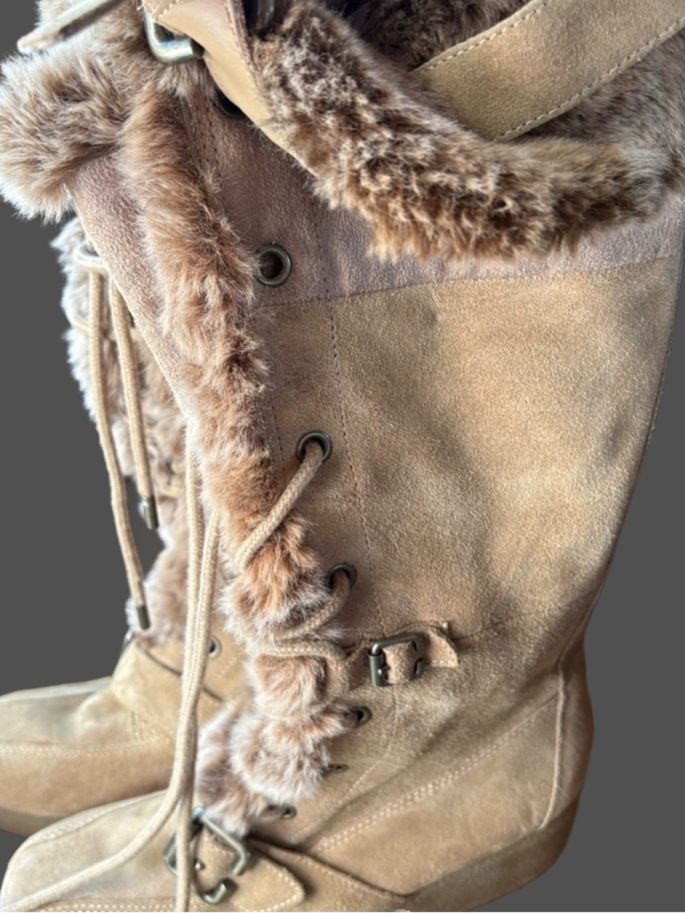 Vintage Y2K Report Tan Leather Knee High Boots Faux Fur Trim
